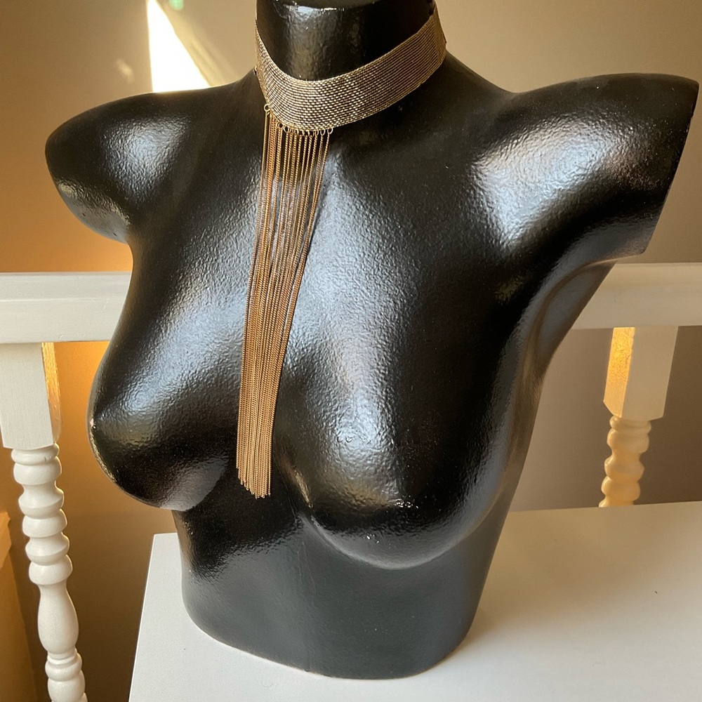 🆕 NWT Gold Toned Choker Necklace w/ long chains in front, one size fits most